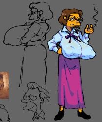 1boy 1girls 2026 big_breasts black_shoes breasts brown_hair clothed_female elizabeth_hoover female female_focus glasses grey_background heavy_breasts huge_breasts large_breasts lenny_leonard long_skirt male mature_female meme nipple_bulge sagging_breasts short_hair sketch smoking smoking_cigarette submarichamomi2 teacher the_simpsons top_heavy white_blouse yellow_skin