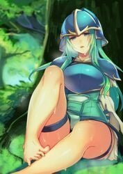 against_tree armor arms_behind_back feet female fire_emblem fire_emblem:_path_of_radiance fire_emblem:_radiant_dawn foot_fetish green_eyes green_hair heavy_breathing helmet kokouno_oyazi long_hair medium_breasts nephenee_(fire_emblem) nervous open_mouth sitting sitting_down solo sweat thighs tree