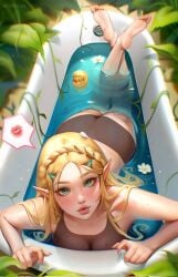 barefoot bath bathing bathtub blonde_hair braid breath_of_the_wild commentary crossed_ankles crossed_legs crown_braid english_commentary feet feet_up female feminine flower flower_on_liquid green_eyes hair_ornament hairclip highres hotaru_sen lips long_hair looking_at_viewer medium_breasts mole mole_on_arm mole_on_ass mole_on_breast mole_on_leg multiple_moles nintendo nude partially_submerged petals plant pointy_ears princess_zelda rubber_duck soles solo the_legend_of_zelda the_pose toes vines wet wet_hair zelda_(breath_of_the_wild) bubble_ass thunder_thighs massive_ass thunderthighs thick_legs wide_thighs wide_hips thick_thighs thick_ass bubble_butt ass_bigger_than_head fat_ass ass big_breasts breasts_out breasts tits_out tits