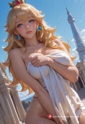 ai_generated bare_shoulders blonde_hair booty busty covering crown curvy dutch_angle earrings female female_only hourglass_figure long_hair naked nintendo nipple_bulge nude princess princess_peach round_ass round_breasts slim_waist squeezing squeezing_breasts thick_thighs towel towel_only wide_hips