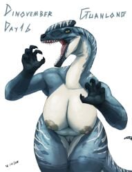 absurd_res anthro areola big_breasts blue_body breasts dinosaur female front_view genitals gloves_(marking) grey_areola grey_nipples guanlong hi_res huge_breasts hxveuseenmypen long_neck markings nipples open_mouth prehistoric_species reptile saurischian scalie sharp_teeth simple_background slightly_chubby solo teeth text theropod thick_thighs tyrannosauroid vulva white_background white_body wide_hips yellow_eyes