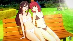 2girls 3d artist_request bare_legs bench black_hair blue_bow bow bra breasts brown_hair crossover day female female_only grass green_eyes hair_between_eyes hairbow head_tilt idolmaster idolmaster_cinderella_girls illusion_soft jewelry kohaku kohaku_(tsukihime) koikatsu koikatu legs lingerie long_hair looking_at_another looking_at_viewer midriff multiple_girls navel neck necklace open_mouth orange_eyes outdoors panties red_hair shibuya_rin short_hair side-by-side sitting small_breasts smile tsukihime type-moon uncensored yellow_eyes yuri