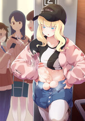 4girls blonde_hair blue_eyes cap censored combat_s-ko cum ejaculation futanari handsfree_ejaculation horny intersex long_hair mole multiple_girls navel open_mouth penis testicles