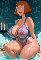 1girls ai ai_generated areola areolae bathing bathroom big_breasts bikini breasts brown_hair candle danny_phantom hard_nipples in_bath in_bathtub looking_at_viewer maddie_fenton madeline_fenton milf nickelodeon nipples purple_eyes seductive_look see-through see-through_clothes see-through_clothing short_hair stable_diffusion thick_thighs thighs