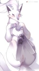 1girl alolan_ninetales ancesra animal_focus animal_sexualization anus artist_name blue_pupils blush cleft_of_venus clitoral_hood closed_mouth feet fox from_above full_body hands_on_own_chest happy highres large_variant_set legs_up long_hair looking_at_viewer lying multiple_tails no_humans non-web_source on_back own_hands_together patreon_logo patreon_username pawpads pokemon pokemon_(creature) purple_eyes pussy simple_background smile soles solo tail uncensored variant_set watermark web_address white_background white_hair zoophilia