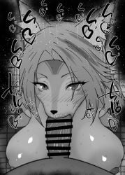 1boy 1girls :>= animal_ears anthro big_breasts big_penis black_and_white blush breasts censored dark-skinned_male dark_skin detailed_background drooling eyelashes fellatio female female_anthro heart human human_male human_male_on_anthro_female human_on_anthro humanoid indoor inside interspecies kurotama looking_at_viewer maid male male_pov markings oral oral_sex penis pulchra_fellini room saliva shiny shiny_skin short_hair sketch sound_effects squatting sweat text vein veins veiny veiny_penis zenless_zone_zero erect_nipples tongue_out