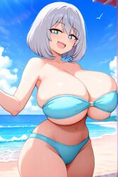 ai_generated beach bikini blue_eyes female flesh_fang huge_breasts schoolgirl silver_hair skin_fang tejina_senpai tejina_senpai_(character) thick_thighs