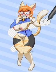 1girls 2019 anthro areola areolae blue_eyes breasts clenched_teeth clothed clothing conditional_dnp domestic_cat eyewear felid feline felis female female_only glasses hair large_breasts mammal nipples orange_hair pink_nose pussy queen_(alfa995) short_hair signature solo tail teckworks teeth thick_thighs thighs