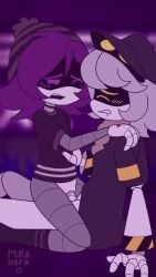 1boy 1girls animated beanie beanie_hat blushing blushing_female blushing_male bouncing_on_penis drooling grey_hair hat holding_shoulder intercourse male/female mikansfw murder_drones n_(murder_drones) no_sound penetration penis_in_pussy purple_eyes purple_hair robot_sex sex straight straight_sex tagme uzi_(murder_drones) video yellow_eyes
