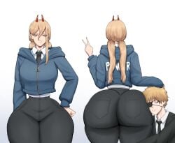 1boy 1girls ass big_ass blonde_hair breasts, bubble_ass chainsaw_man demon demon_girl demon_horns denji_(chainsaw_man) hood hood_down hoodie horns huge_ass jacket ladno_(artist) long_hair looking_at_viewer necktie, pants power_(chainsaw_man) tagme thick_thighs thighs v