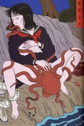 barefoot consensual_tentacles cunnilingus fine_art japanese japanese_clothes japanese_clothing nihonga ocean octopus oral panties_around_one_leg playing playtime sea shirt_lift shunga spread_legs sucking tagme toshio_saeki zoophilia