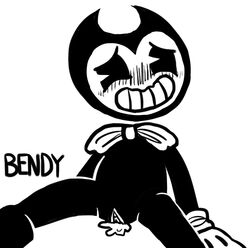 bendy bendy_and_the_ink_machine black_and_white blush bodily_fluids bow_tie character_name cum cum_in_pussy cum_inside cuntboy demon fleischer_style_toon humanoid intersex pussy solo toony unknown_artist video_games white_background