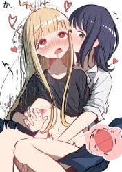 2girls ahoge black_hair blonde_hair bracelet cho_kaguya-hime! clothes_lift collarbone drooling egg_vibrator fingering green_eyes groping hand_under_clothes hand_under_shirt heart highres jewelry kaguya_(cho_kaguya-hime!) lab_coat medium_hair mole mole_under_eye multiple_girls navel open_mouth red_eyes sakayori_iroha sex_toy shirt shirt_lift sitting sitting_on_lap sitting_on_person sleeves_rolled_up vibrator white_background yunir4242 yuri