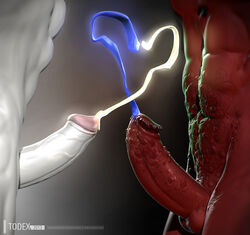 angel aura balls big_penis blue_cum colored_cum cum demon duo erection glowing glowing_cum hi_res humanoid_penis male monster muscular penis todex unusual_cum yaoi