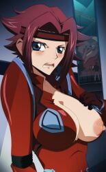 blue_eyes blush bodysuit breasts breasts_out code_geass flashing kallen_stadtfeld large_breasts nipples open_clothes pinkseito red_hair