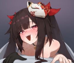 1girls bell breast_press breasts brown_hair butterfly-shaped_pupils choker circle_facial_mark commentary_request cum cum_on_face facial_mark female flasso fox_mask heart heart-shaped_pupils heavy_breathing honkai:_star_rail honkai_(series) hoyoverse long_hair looking_at_viewer mark_under_both_eyes mask mask_on_head neck_bell partial_commentary pink_eyes small_breasts smile sparkle_(honkai:_star_rail) suggestive_fluid sweat symbol-shaped_pupils twintails