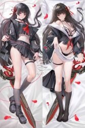 1girls black_bra black_hair black_panties black_underwear bra breasts chisa_(wuthering_waves) female long_hair lying lying_on_back lying_on_bed medium_breasts multiple_views panties red_eyes school_uniform schoolgirl seifuku shoes shoes_removed skirt_down underwear upskirt wuthering_waves