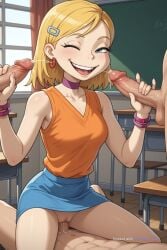 1girl 1girl1boy ai_assisted ai_generated angelica_pickles blonde blowjob blue_skirt choker claiming classroom cowboy_shot deep_penetration dominance earrings exhibitionism fellatio giggling group_sex hairpin handjob indoors looking_at_viewer lustful_expression make_up messy moaning multiple_penises oral_sex penis_in_vagina perfect_anatomy pleasure precum riding rugrats saliva sex shorthair sleeveless smile solo swallowing whimpering