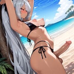 1futa ai_generated armpits arms_up beach bikini black_bikini blue_archive blush breasts closed_mouth cloud dark-skinned_female dark_skin day erection from_side futanari grey_hair halo iori_(blue_archive) long_hair medium_breasts navel nipples ocean outdoors palm_tree penis pointy_ears red_eyes side-tie_bikini_bottom sky solo stomach swimsuit tan testicles tree trembling twintails uncensored very_long_hair zeroofhearts
