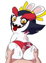 anthro ass big_butt black_eyeshadow black_hair bodily_fluids butt_grab clothed clothing cum cum_on_butt duo eyebrows eyelashes eyeshadow female first_person_view fur genital_fluids genitals hair hand_on_butt hi_res hot_dogging human impstripe kanya_(mario_plus_rabbids) lagomorph leporid looking_at_viewer looking_back looking_back_at_viewer makeup male male/female mammal mole_under_eye open_mouth open_smile panties panties_only penis rabbid rabbit raving_rabbids rayman_(series) red_clothing red_panties red_underwear sex sharp_teeth simple_background smile tan_body tan_skin teeth thick_eyebrows tongue tongue_out topless ubisoft underwear underwear_only white_background white_body white_fur wide_hips yellow_eyes