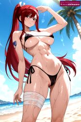 1girl 1girls abs ai_assisted ai_generated areola_slip arm_tattoo bandages bangs beach bikini black_bikini blue_sky blue_tattoo blush breasts brown_eyes cameltoe day erza erza_scarlet fairy_tail fairy_tail_mark large_breasts long_hair looking_at_viewer micro_bikini navel nipple_slip nipples ocean outdoors palm_tree partially_visible_vulva ponytail red-haired_female red_hair side-tie_bikini_bottom sky solo stelmazura sun swimsuit tattoo thighs tree wet