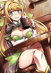 1girls big_breasts blonde_hair blue_eyes blush cleavage clothed crossed_legs dress elf epic7 female female_only karadborg large_breasts mug navel pointy_ears silk_(epic_seven) sitting wide_hips