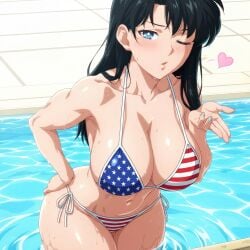 1girls ai_generated american_flag_bikini bikini bishoujo_senshi_sailor_moon black_hair blue_eyes female heart heart_symbol large_breasts long_hair looking_at_viewer mamoru_chiba narrow_waist pool poolside sexy sexy_body sexy_female solo wide_hips