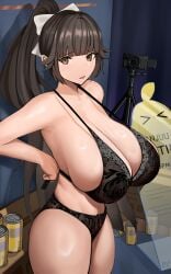 absurdres azur_lane black_hair black_lace_trim bow bra breasts camera can cleavage commentary female hairbow high_ponytail highres huge_breasts lace lace_bra lace_panties long_hair lunashiba official_alternate_costume panties ponytail sideboob takao_(azur_lane) takao_(inner_cultivation)_(azur_lane) thighs tripod underwear