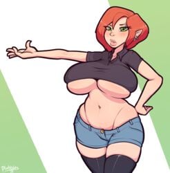 big_breasts breasts clothed clothing crop_top elf female female_only green_eyes hair large_breasts piercing plebbles pointy_ears red_hair short_hair short_shorts shorts solo solo_female standing thigh_highs thighs underboob wide_hips