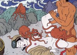 fellatio fine_art japanese japanese_clothes japanese_clothing male nihonga ocean octopus oral playing playtime sea shunga sucking tagme toshio_saeki unseen_male_face zoophilia