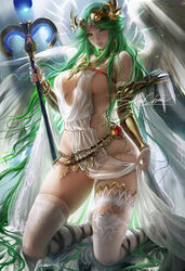 1girls angel_wings cleavage female female_only gladiator_sandals green_hair kid_icarus kneeling large_breasts long_hair nintendo palutena sakimichan sideboob skindentation solo super_smash_bros. tagme thighhighs translucent_clothing wings