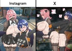 1futa 1girls 2026 2koma absurd_res absurd_resolution absurdres aqua_eyes ass belle_(zenless_zone_zero) big_breasts blue_hair blush breast_size_difference breasts clothed clothing dress facemask fingerless_gloves futa_with_female futanari hair_ornament hi_res high_resolution highres hoyoverse huge_breasts instagram large_breasts legwear light-skinned_futa light_skin light_skinned_female looking_at_viewer medium_hair mihoyo motion_lines nail_polish partially_clothed peace_sign pink_eyes pink_hair posing ramiel_(zenless_zone_zero) selfie selfie_pose sex size_difference spoken_heart standing sweat sweatdrop thighhighs trand1008 twitter v vaginal vaginal_penetration vaginal_sex wings wink winking_at_viewer x_(social_media) zenless_zone_zero