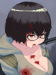 1girl 1other absurdres bleeding blood blood_from_mouth blood_on_breasts blood_on_face breasts brown_hair commentary_request corpse crying crying_with_eyes_open death deep_wound empty_eyes female_death glasses gun gunshot_wound guro highres hood hooded_jacket injury jacket k-yuuta1133 large_breasts nosebleed orange_eyes original short_hair simple_background solo solo_focus strangulation_mark tears weapon