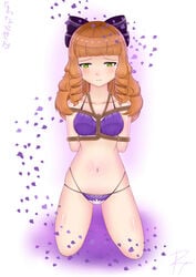 bondage brown_hair girl green_eyes guinevere_(mobile_legends) kneeling mobile_legends purple_panties underwear