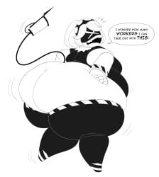 big_belly big_breasts big_butt black_and_white caution_stripes dialogue disassembly_drone fangs fat fat_folds female female_focus female_only flabby_legs hands_on_butt jiggle jiggling_ass mintrimo motion_lines murder_drones obese obese_female overweight overweight_female robot robot_girl screen_eyes serial_designation_v short_sleeved_jacket speech_bubble syringe_tail tail thick_thighs wide_hips wobble wobbling_ass x_eye