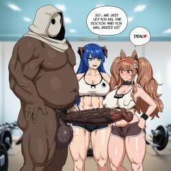 1boy 1boy2girls 2girls 2girls1boy ai_generated angelina_(arknights) arknights cooperative_fellatio cooperative_paizuri cum cum_on_body cum_on_breasts dark-skinned_male english english_dialogue english_text fat_bastard fat_male fat_man female ffm_threesome fitness_gym gym hemoglobina3 huge_ass huge_balls huge_breasts huge_cock licking licking_penis light-skinned_female looking_at_penis male mostima_(arknights) paizuri penis_awe pov pov_male reunion_soldier_(arknights) self_upload shared_speech_bubble speech_bubble text text_bubble thick_thighs wide_hips