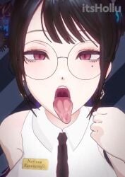 1girls 3d 3d_animation animated black_hair close-up clothed eye_contact glasses half-closed_eyes handjob_gesture hololive hololive_english hololive_english_-advent- horns itshollu loop looping_animation n7tr0 name_tag nerissa_ravencroft no_sound office_lady open_mouth pink_eyes round_glasses saliva solo solo_female suggestive suggestive_look tongue tongue_out video virtual_youtuber