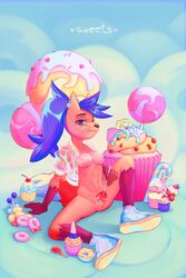 2019 absurd_res anthro artyfoxter blue_hair breasts brown_eyes cake candy canid canine cherry clothing doughnut female food fox fruit fur hair hi_res humanoid_hands lollipop looking_at_viewer macaroon mammal nipples nude pink_nipples pink_pussy plant pussy solo strawberry sweets word