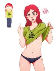 1female 1girls 1milf 2022 2d 2d_(artwork) 2d_artwork areola_slip areolae areolae_slip bawdy carol_mccormick comedy_central covered_breasts female female_focus female_only lifting_shirt looking_at_viewer middle_finger midriff milf nipples nipples_visible_through_clothing no_bra panties red_hair reference_image skinny skinny_female small_boobs small_breasts small_tits south_park tagme