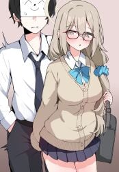 1boy absurdres akane_(blue_archive) akane_(school_uniform)_(blue_archive) bag black_hair black_necktie black_pants black_skirt blue_archive blue_bow blue_bowtie blue_scrunchie blush bow bowtie breasts brown_cardigan brown_eyes brown_hair brown_halo cardigan commentary_request cowboy_shot doodle_sensei_(blue_archive) dress_shirt female glasses hair_between_eyes hair_ornament hair_over_shoulder hair_scrunchie halo hand_in_pocket highres implied_handjob long_hair loose_necktie medium_breasts necktie official_alternate_costume pants paper_on_head parted_lips pleated_skirt pueichigo pussy_juice school_bag school_uniform scrunchie sensei_(blue_archive) shirt short_hair single_sleeve_past_fingers skirt straight sweat textless_version trembling variant_set white_shirt
