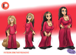 2018 2girls age_progression big_breasts black_hair blonde_hair breast_growth breasts busty clothed clothing disney dress female female_only hypnosis looking_away milf mind_control mother_and_daughter mother_gothel patreon rapunzel smile solo tangled text thatfreakgivz transformation watermark