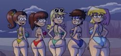 5girls absurd_res aged_up ass ass_focus beach_background bikini blonde_hair brown_hair earrings eyeshadow female female_focus female_only freckled_skin freckles freckles_on_ass freckles_on_shoulders grinning half-closed_eyes hi_res leni_loud looking_back looking_back_at_viewer lori_loud luan_loud luna_loud lynn_loud max1mus nickelodeon nickelodeon_animation_studio night night_sky panties sisters smile smiling sunglasses sunglasses_on_head teenage_girl teenager the_loud_house thick_thighs wide_hips