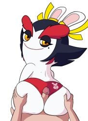 anthro ass big_butt black_eyeshadow black_hair butt_grab clothed clothing duo eyebrows eyelashes eyeshadow female first_person_view fur genitals hair hand_on_butt hi_res hot_dogging human impstripe kanya_(mario_plus_rabbids) lagomorph leporid looking_at_viewer looking_back looking_back_at_viewer makeup male male/female mammal mole_under_eye panties panties_only penis rabbid rabbit raving_rabbids rayman_(series) red_clothing red_panties red_underwear sex simple_background smile tan_body tan_skin thick_eyebrows topless ubisoft underwear underwear_only white_background white_body white_fur wide_hips yellow_eyes