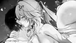 1boy absurdres aisutei ass black_hair blush body_markings braid breasts changli_(wuthering_waves) commentary_request cowgirl_position cropped detached_hair ear_blush fanbox_username female greyscale hair_extensions hair_ornament heart highres long_hair male_rover_(wuthering_waves) medium_breasts monochrome nude parted_lips ring_hair_extensions rover_(wuthering_waves) sex straddling twin_braids upright_straddle web_address wuthering_waves