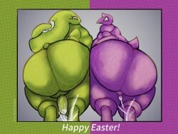 2026 anthro ass avian big_butt bird bodily_fluids chicken cum digital_media_(artwork) easter english_text food food_creature galliform genital_fluids genitals hi_res holidays lagomorph leporid looking_at_viewer looking_back male mammal obese obese_anthro overweight overweight_anthro peeps peepy_(nya4) penis phasianid presenting presenting_hindquarters rabbit rear_view rockpankake side_by_side simple_background text thick_thighs