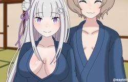 1boy 1boy1girl 1girls big_breasts cat_boy cheating closed_eyes elf emilia_(re:zero) felix_argyle female femboy half_elf indoors kimono long_hair male netorare ntr otoko_no_ko purple_eyes re:zero_kara_hajimeru_isekai_seikatsu short_hair smile standing waytntr yukata