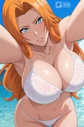ai_generated armpits arms_up artist_name bangs bare_shoulders bikini bleach blonde_hair blue_eyes blue_sky blush bra breasts cleavage cloud collarbone covered_nipples cowboy_shot curvy day eyebrows_visible_through_hair female huge_breasts large_breasts leaning_forward lips long_hair looking_at_viewer matsumoto_rangiku navel open_mouth orange_hair outdoors panties shiny shiny_skin sky smile solo standing swimsuit thighs underwear waifu_judge white_bikini white_bra