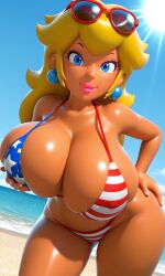 1girls 3d 3d_(artwork) ai_generated american_flag_bikini beach big_breasts bikini blonde_female blonde_hair blue_eyes blue_sky breast_lift dark_skin female female_only grabbing_own_breast huge_breasts large_breasts long_hair mario_(series) nintendo princess_peach puffy_lips super_mario_bros. tagme tan_body tan_skin