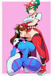 1futa 1girls ai_generated blowjob bodysuit brown_hair d.va dshert duo facial_markings futa_on_female futadom green_hair hands_on_head huge_breasts japanese_futa kiriko_(overwatch) korean_female light_skin long_hair on_knees overwatch partially_clothed slim_female testicles wide_hips