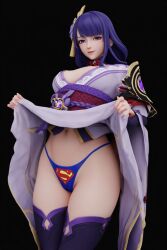 1girls 3d ai_assisted ai_generated black_background breasts crossover dc dc_comics female flashing flashing_panties genshin_impact hair_ornament kimono kimono_lift kimono_pull lifting looking_at_viewer panties purple_eyes purple_hair raiden_shogun sexy superman superman_(cosplay) superman_(series) superman_logo themed_clothes thick_thighs thighs thong